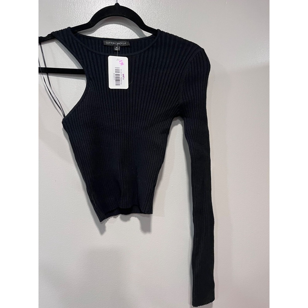 One-Shoulder Womens Black Ribbed Knit Top By Cotton‎ Candy LA M